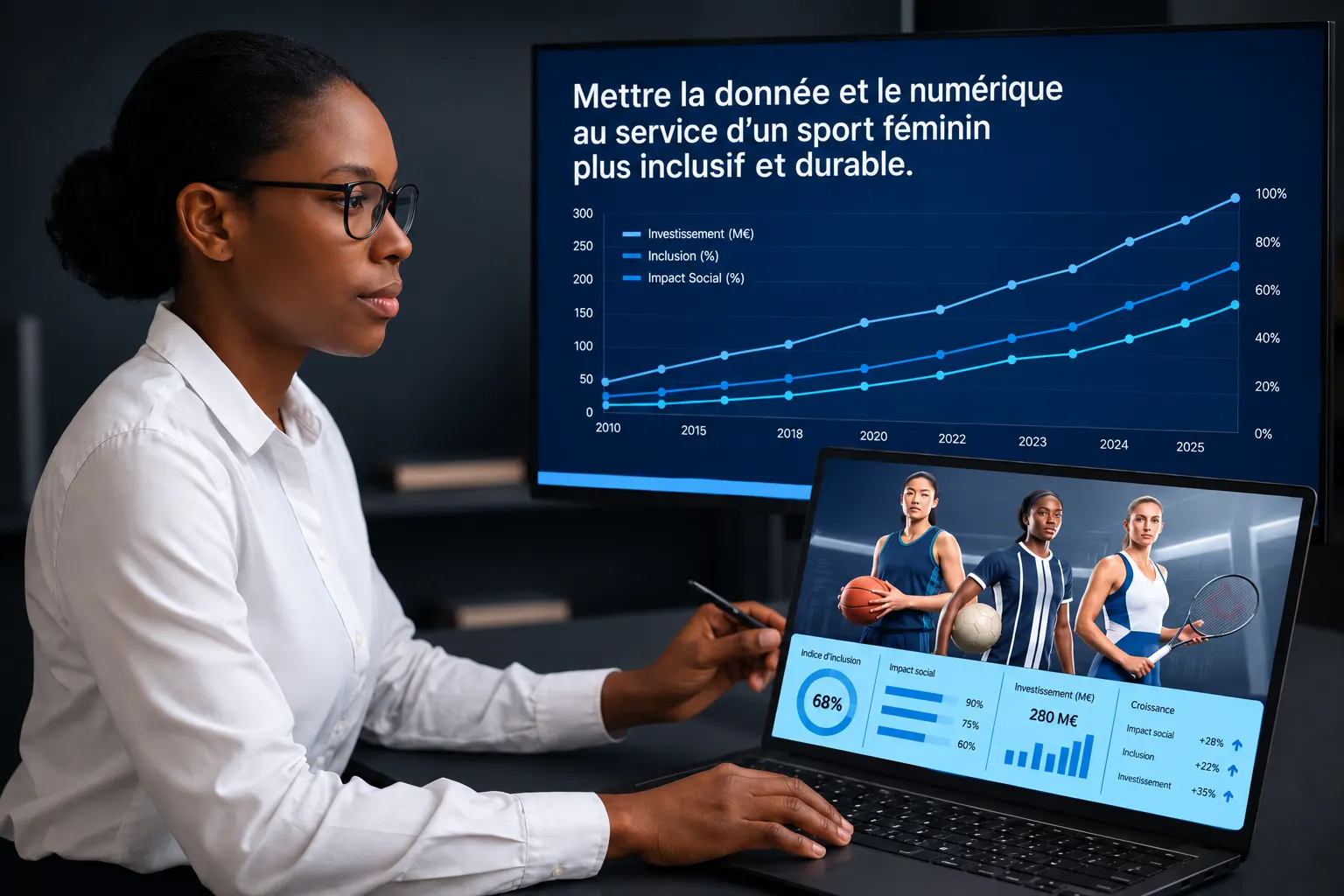 Analyste consultant un tableau de bord de données sur le sport féminin